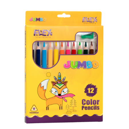 أقلام تلوين خشبية عريض جامبو مثلث "فليكس" (FLEX Jumbo) 12 لون مع براية 🎨✨