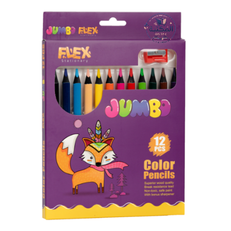 علبة أقلام تلوين فليكس جامبو العريضة مع براية (12 لون) 🖍️🦊